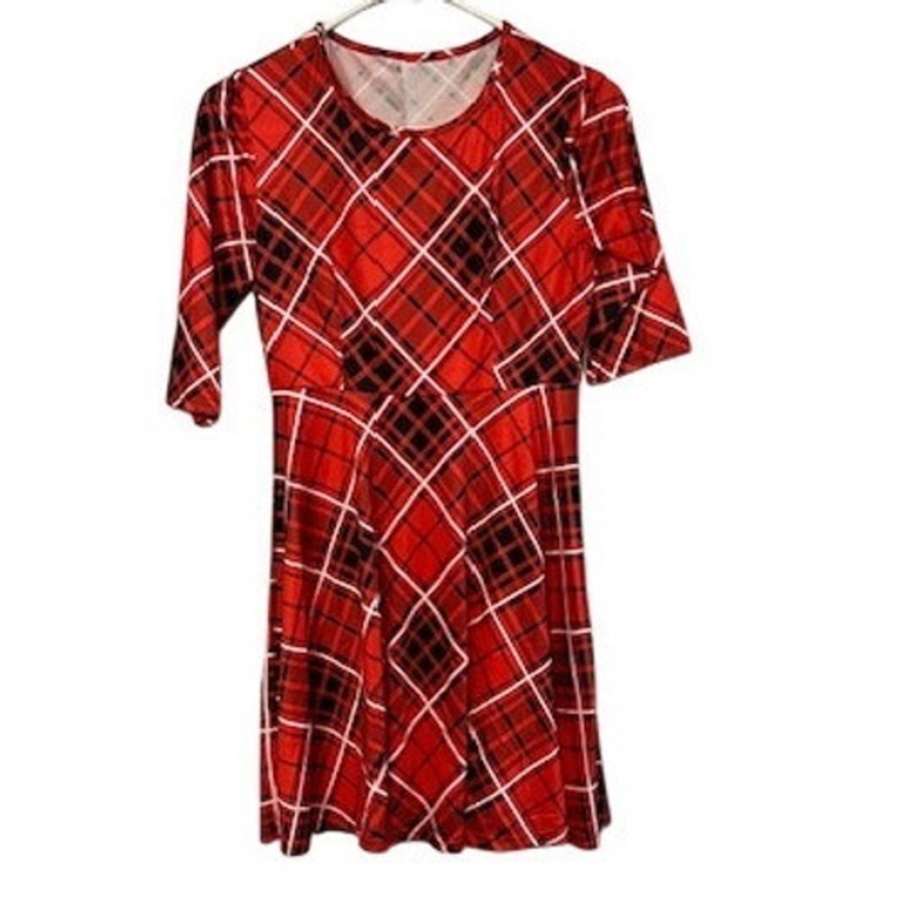 Womens Red Black Plaid Skater Dress Elbow Sleeve Fit and Flare Tartan Mini Dress